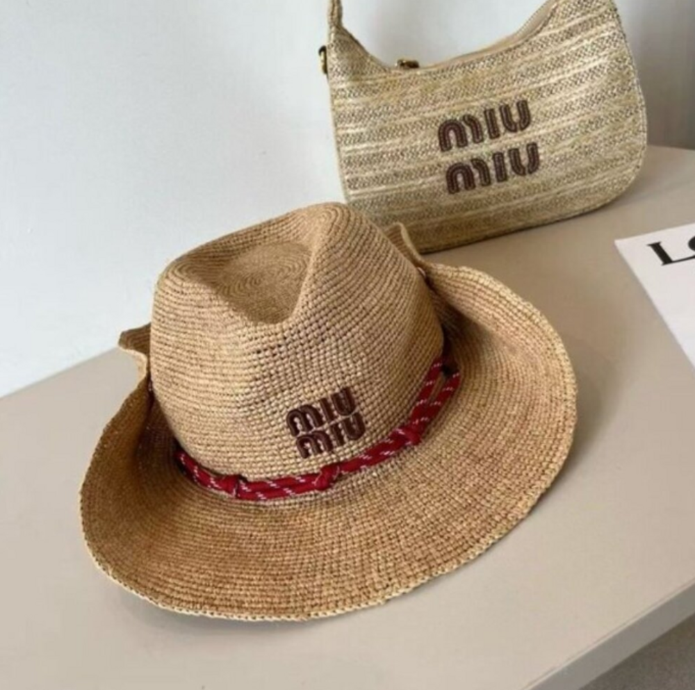 Women Red Accent Miu Miu Hat | Woven Raffia Summer Essential Straw Hat